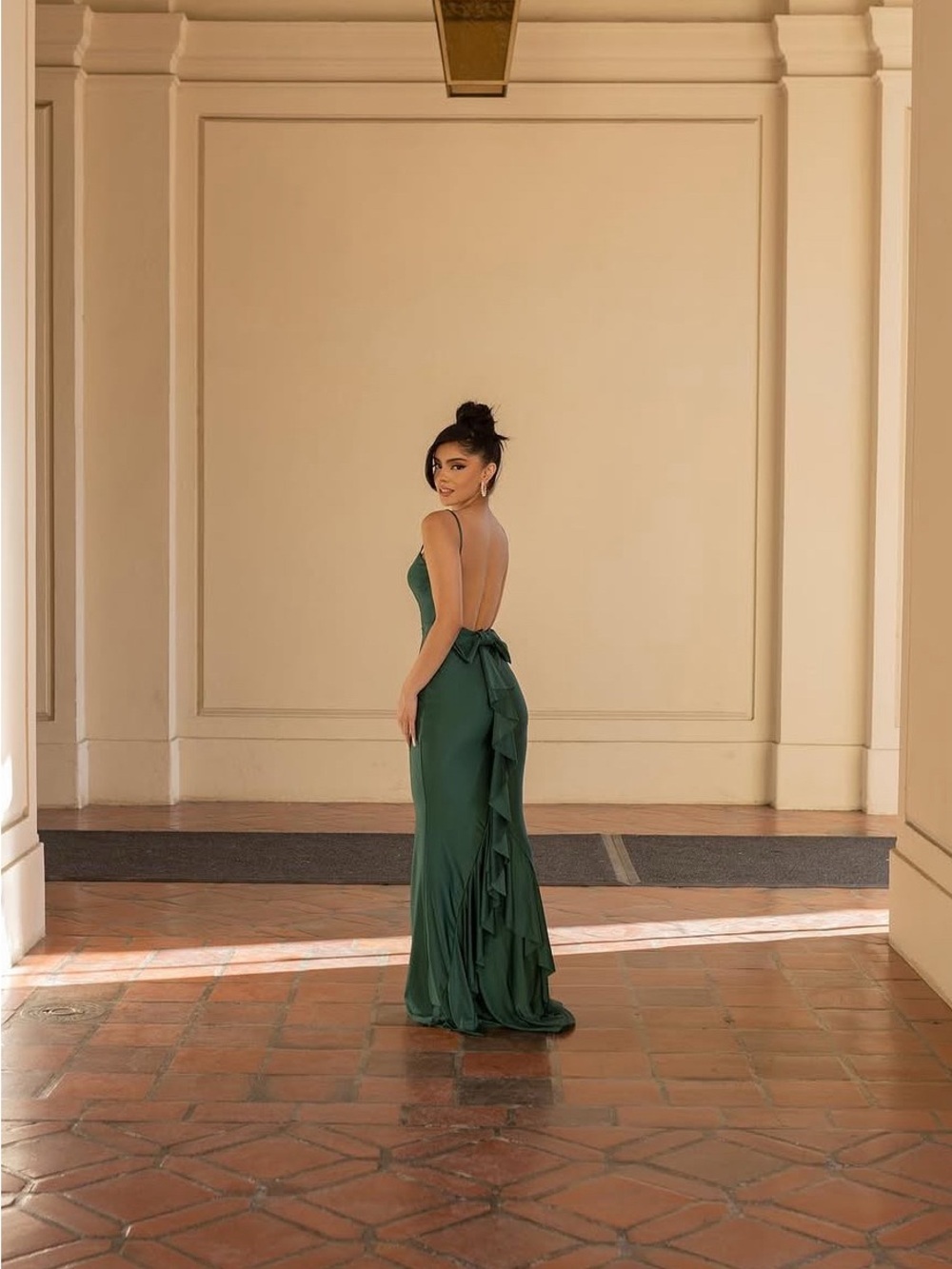 Windsor Emerald Green Backless Ruffle-Trim Gown